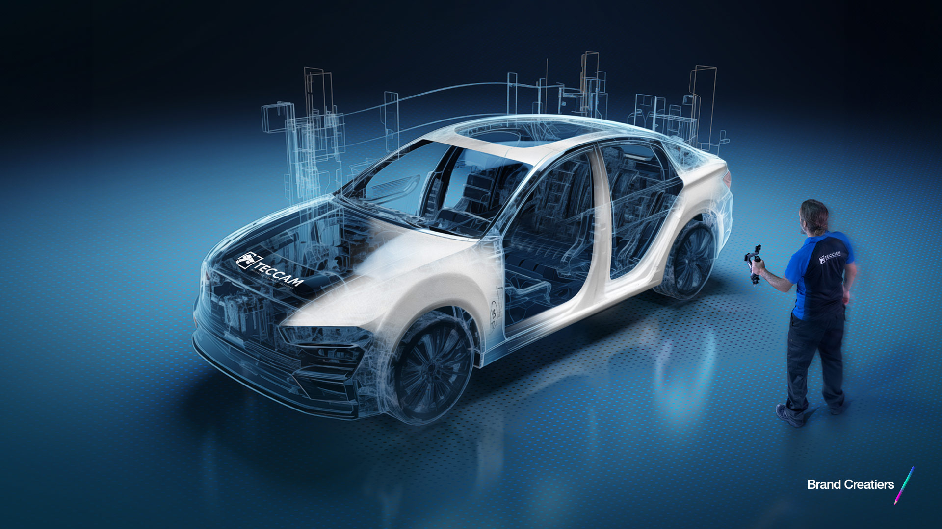 Brand Creatiersek TECCAMentzat sortutako irudia, automobilgintzaren sektorean neurketa industrialaren prozesu aurreratu bat bistaratzen duena.