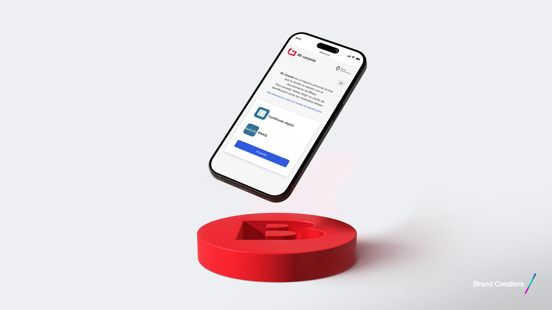 Screen of a mobile phone showing the Mi Carpeta web portal of the Bilbao City Council, designed by Brand Creatiers.